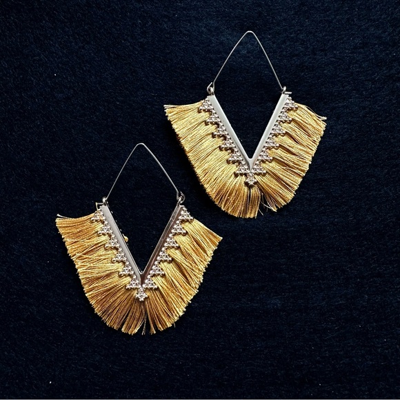 Boho Chic Gold Tassel Earrings on Gold Tone - Picture 2 of 5